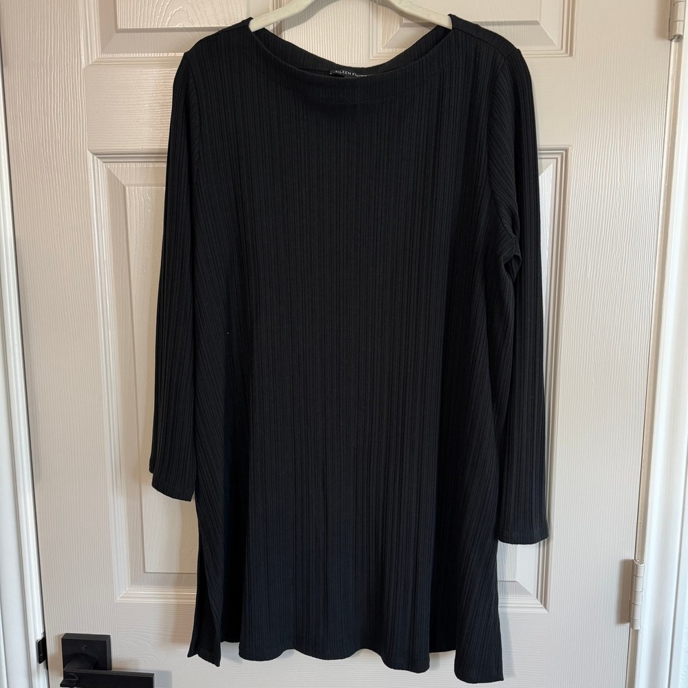 Eileen Fisher Black Ribbed Tencel Lyocell Boat Neck Tunic Top XL Capsule Casual
